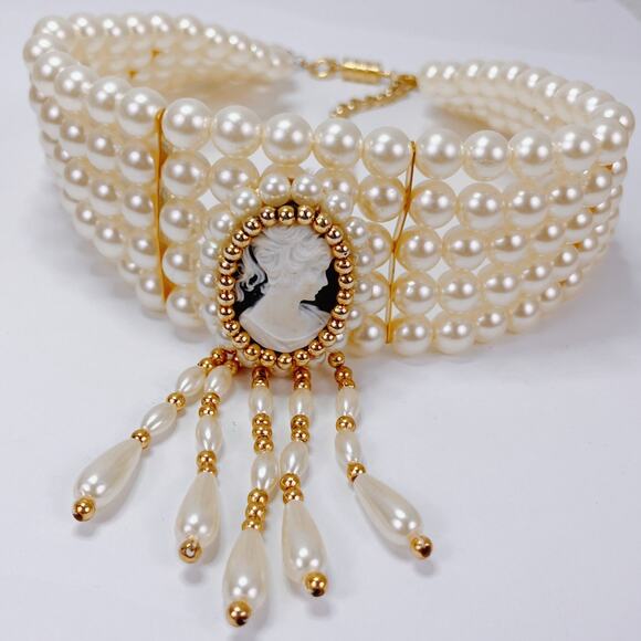 Victorian Revival Faux Pearl Cameo Statement Choker Multi Strand Necklace VTG - Picture 4 of 11